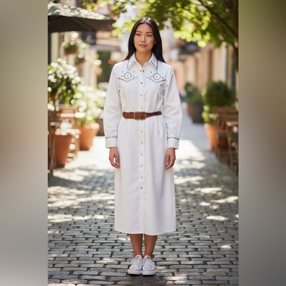 Vintage Sir James Maxi White Western-Style Button-Up Dress -Size 14/Large